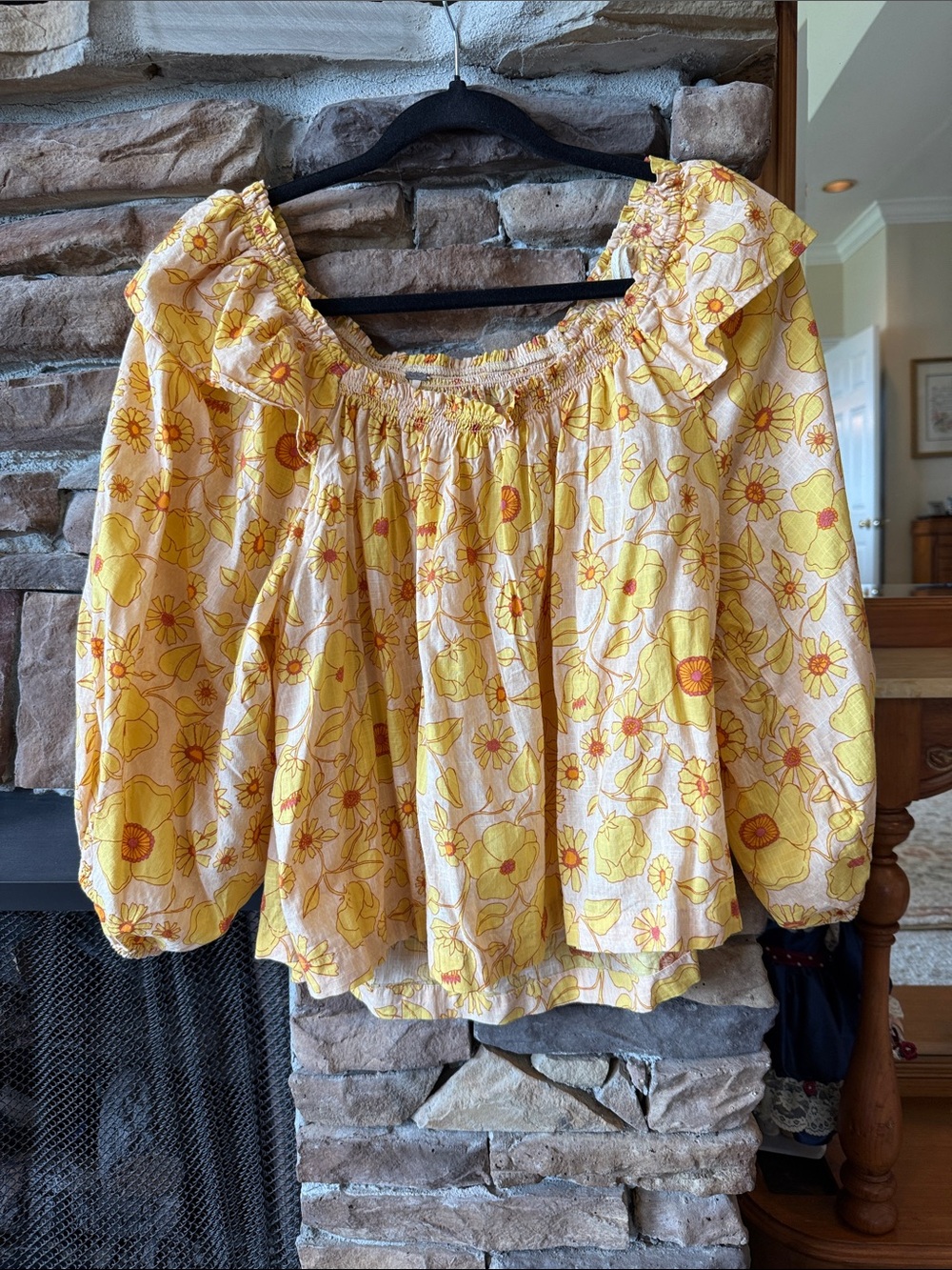 Free People Yellow Floral Smocked Off-Shoulder Blouse